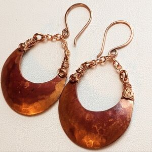 Pure Copper Crescent Moon Earrings Metallic Celestial Statement Jewelry